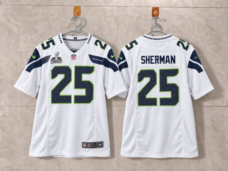 SEATTLE SEAHAWKS RICHARD SHERMAN WHITE SUPER BOWL JERSEY