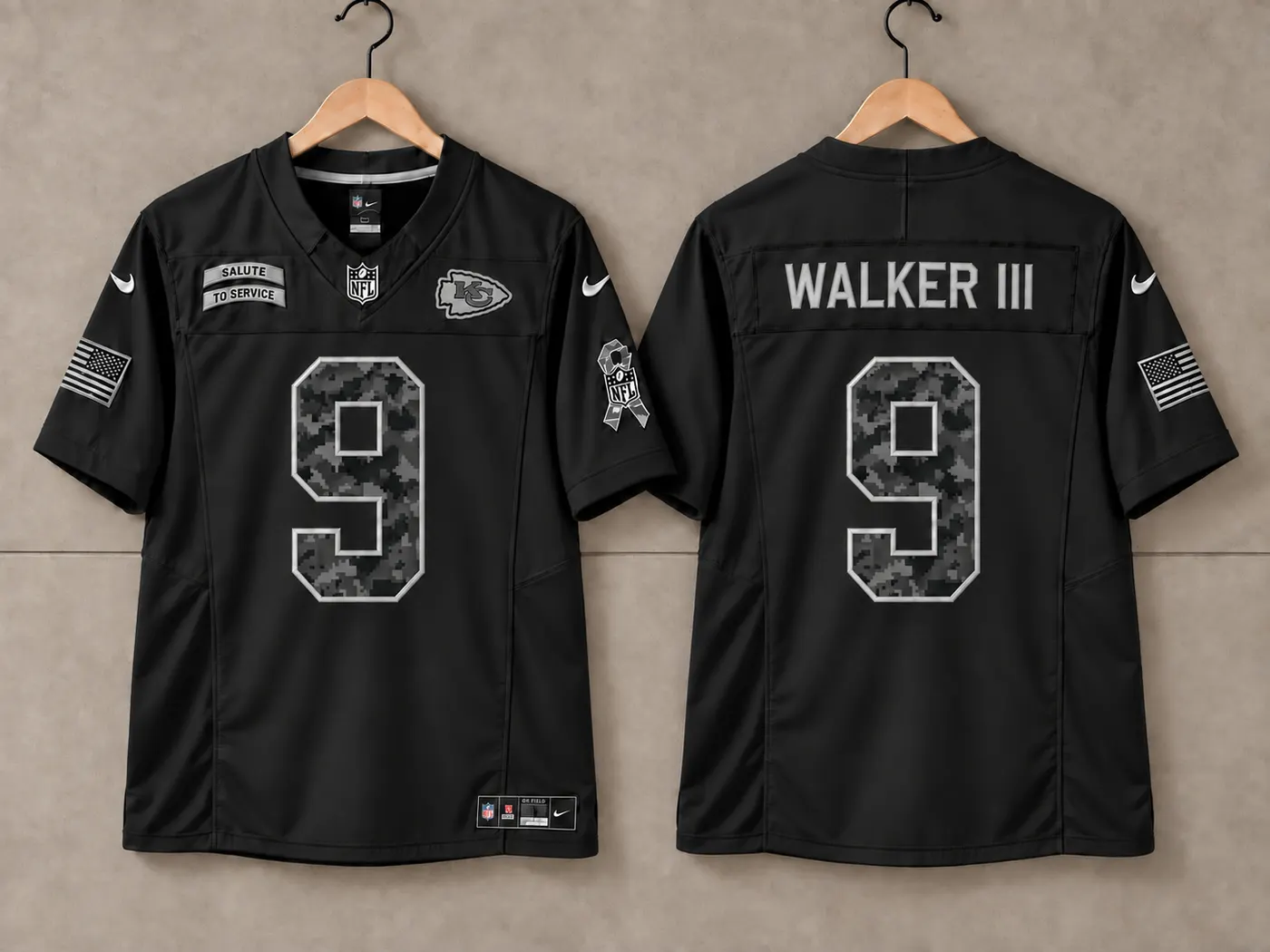 KANSAS CITY CHIEFS KENNETH WALKER III BLACK SALUTE TO SERVE JERSEY