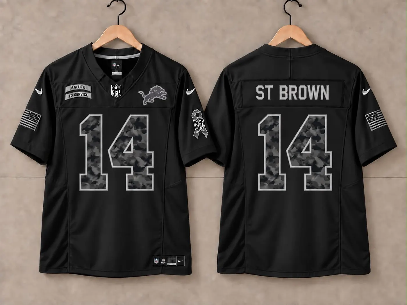 DETROIT LIONS AMON RA ST BROWN BLACK SALUTE TO SERVICE JERSEY