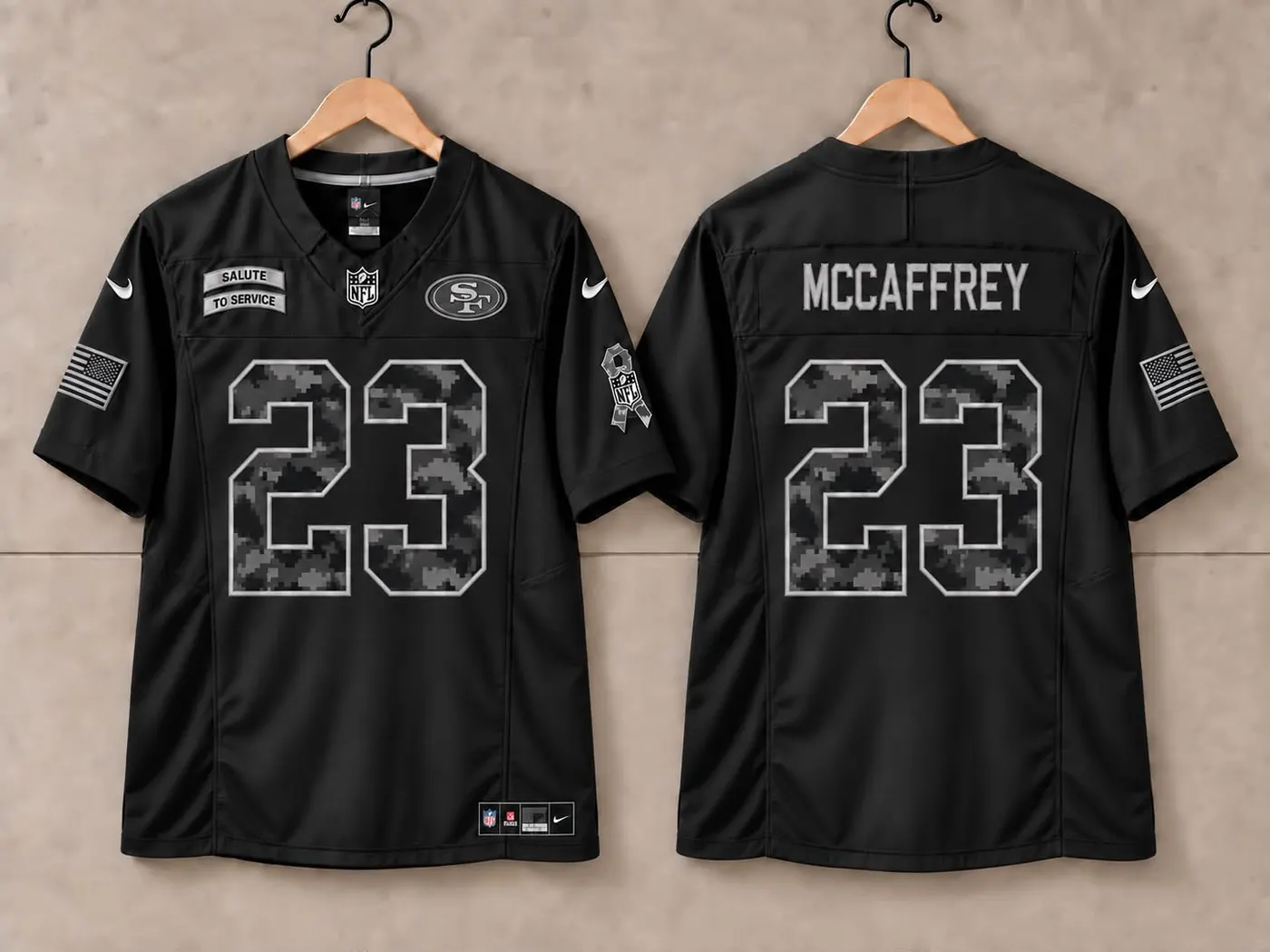 SAN FRANCISCO 49ERS CHRISTIAN MCCAFFREY BLACK SALUTE TO SERVICE JERSEY