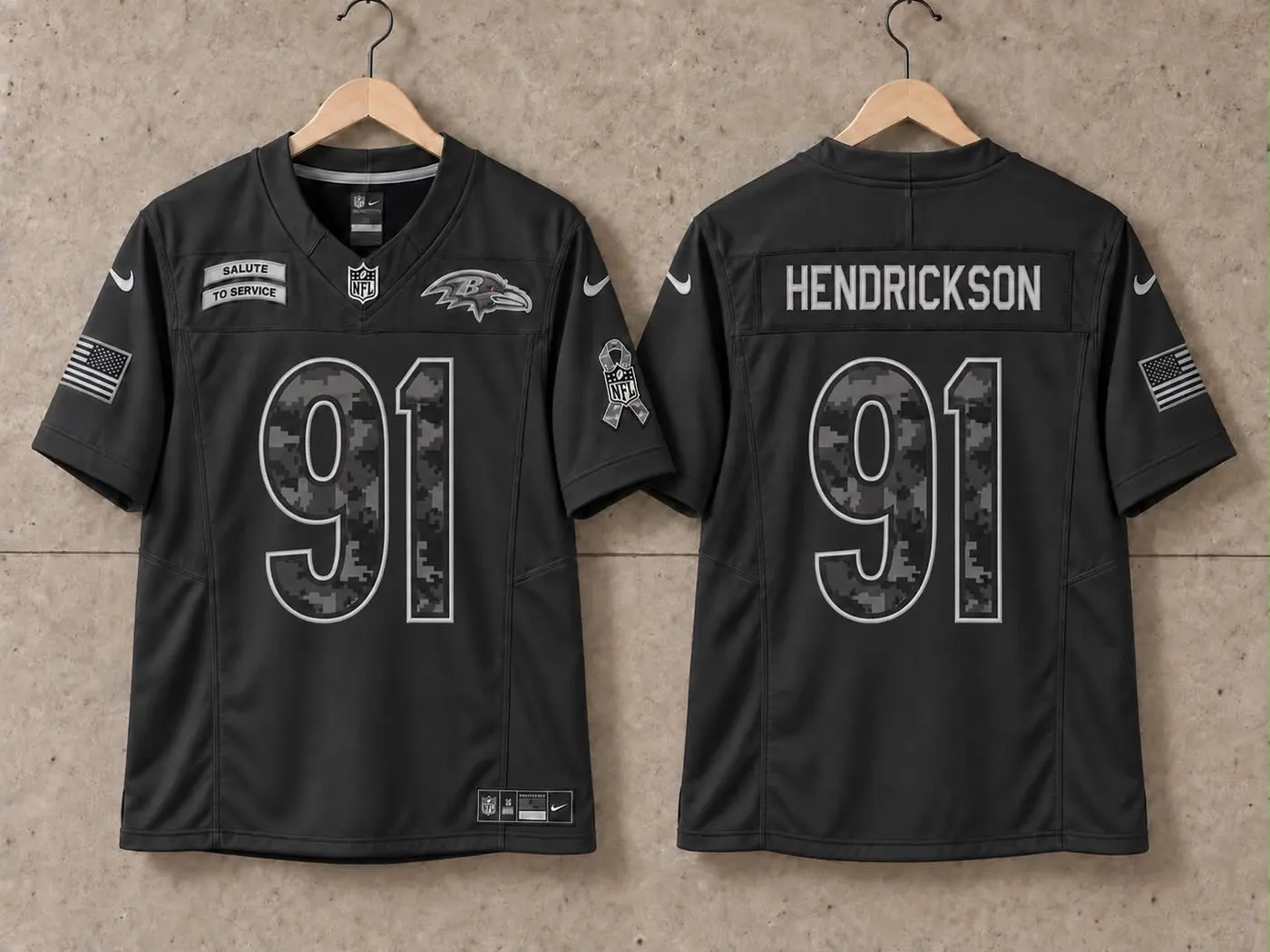 BALTIMORE RAVENS TREY HENDRICKSON BLACK SALUTE TO SERVICE JERSEY
