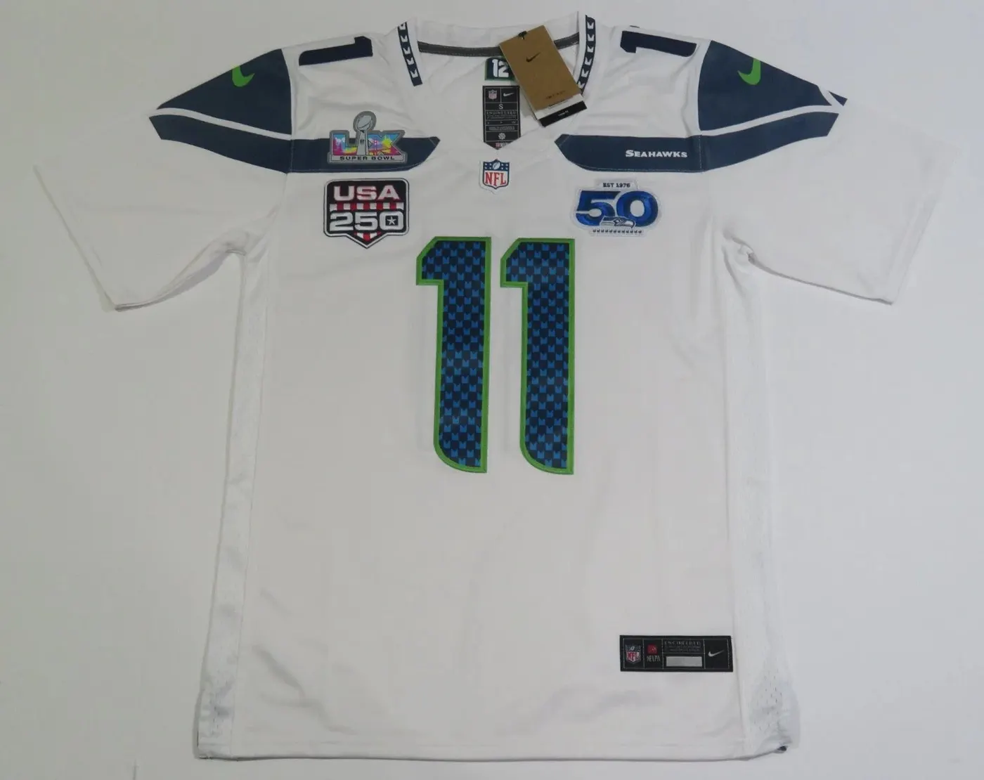 SEATTLE SEAHAWKS JAXSON SMITH-NJIGBA WHITE SUPERBOWL JERSEY
