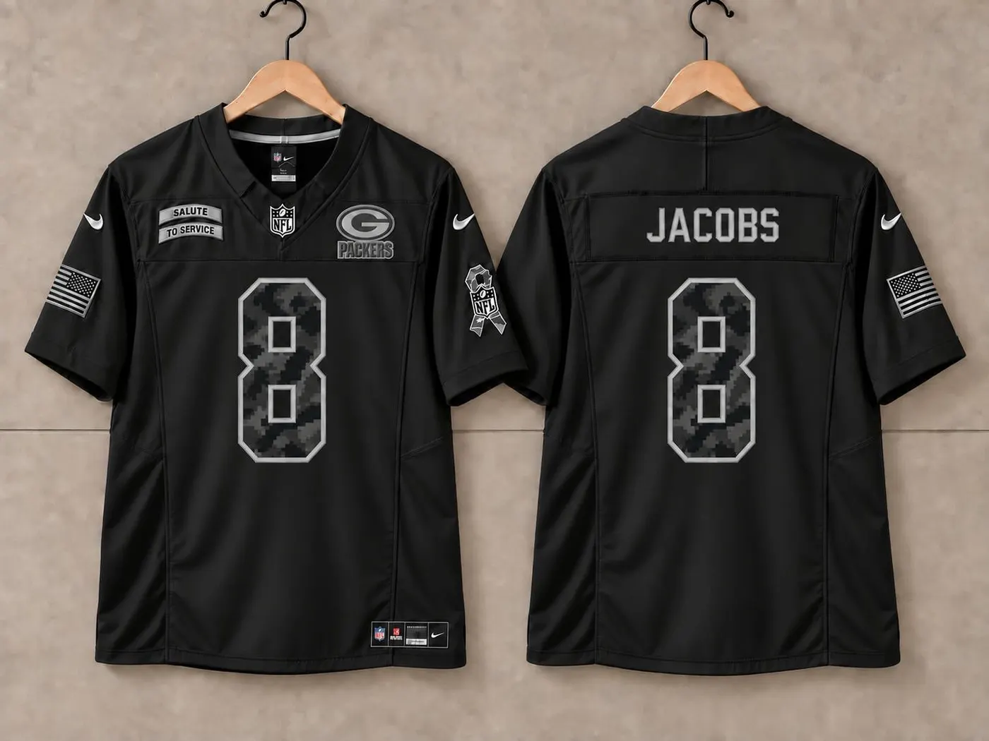 GREEN BAY PACKERS JOSH JACOBS BLACK SALUTE TO SERVICE JERSEY
