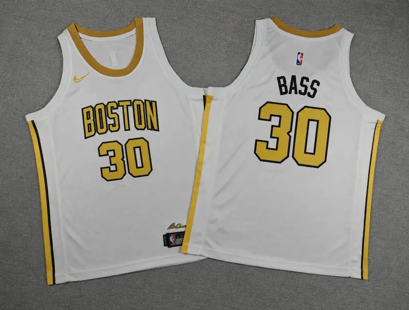BOSTON CELTICS BRANDON BASS WHITE AND GOLD JERSEY