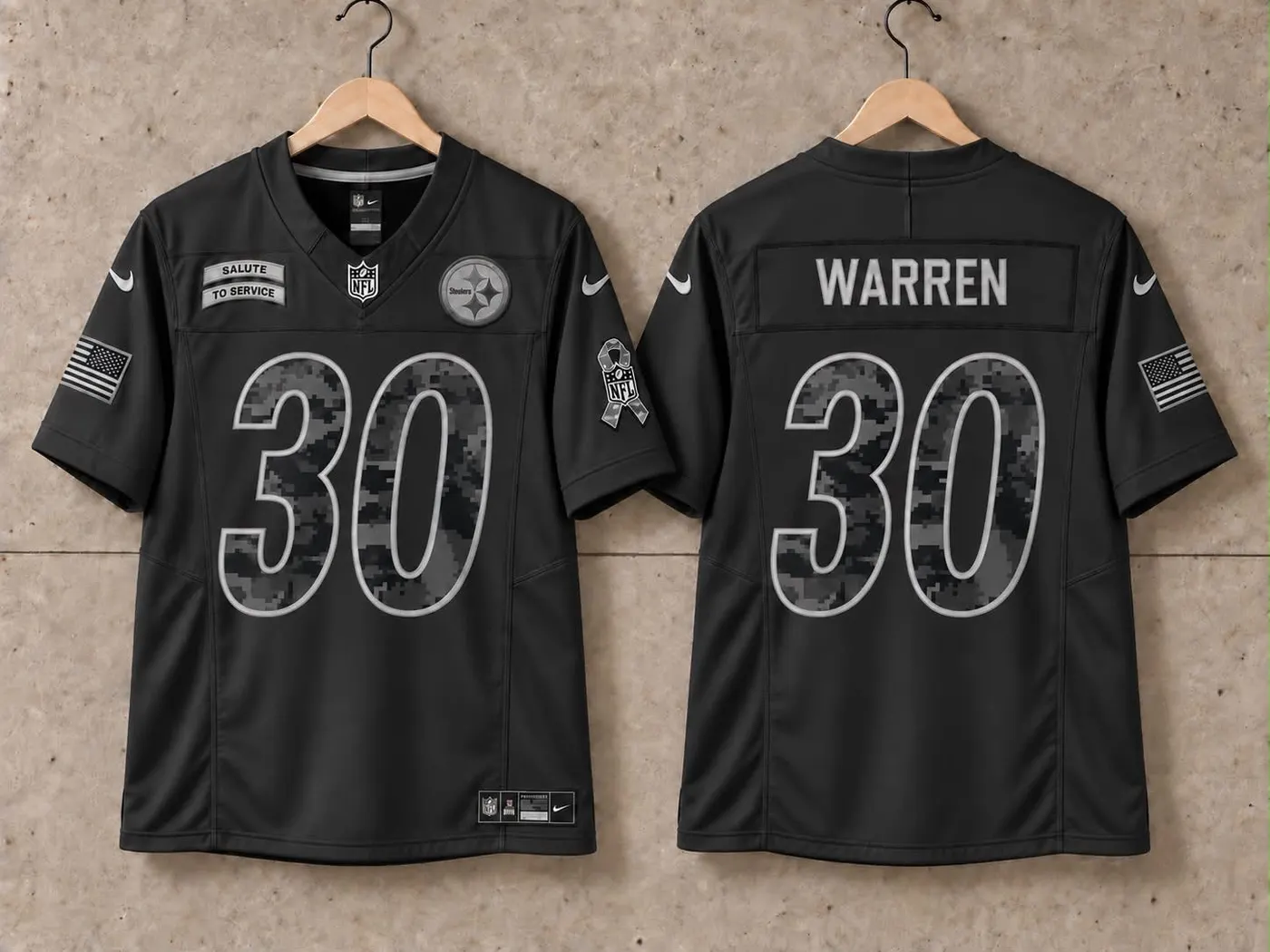 PITTSBURGH STEELERS JAYLEN WARREN BLACK SALUTE TO SERVICE JERSEY