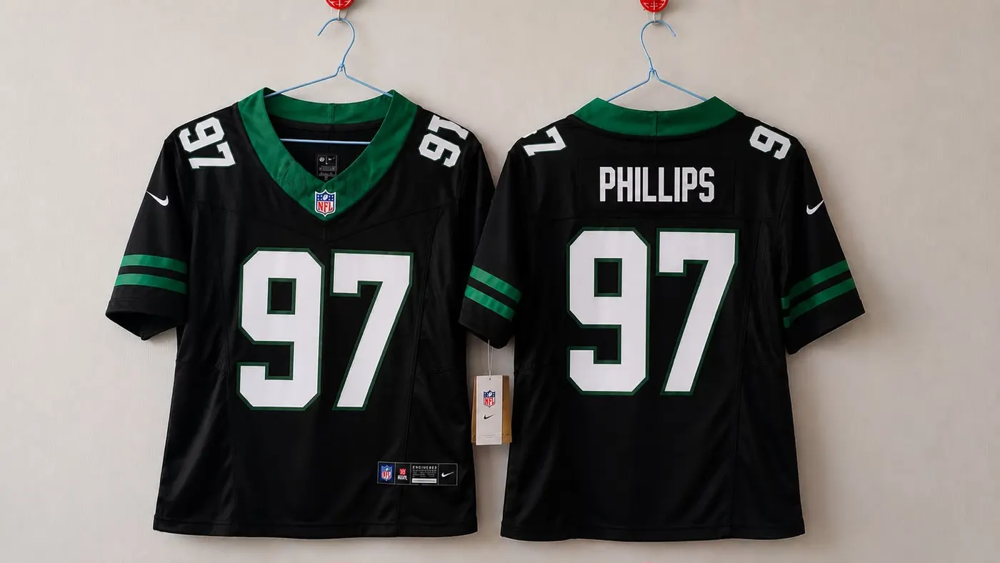 NEW YORK JETS HARRISON PHILLIPS BLACK JERSEY