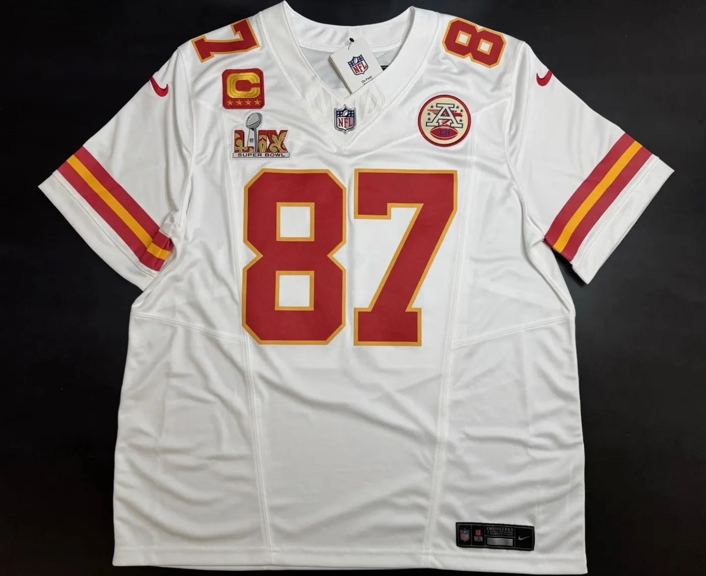 KANSAS CITY CHIEFS TRAVIS KELCE WHITE SUPER BOWL JERSEY